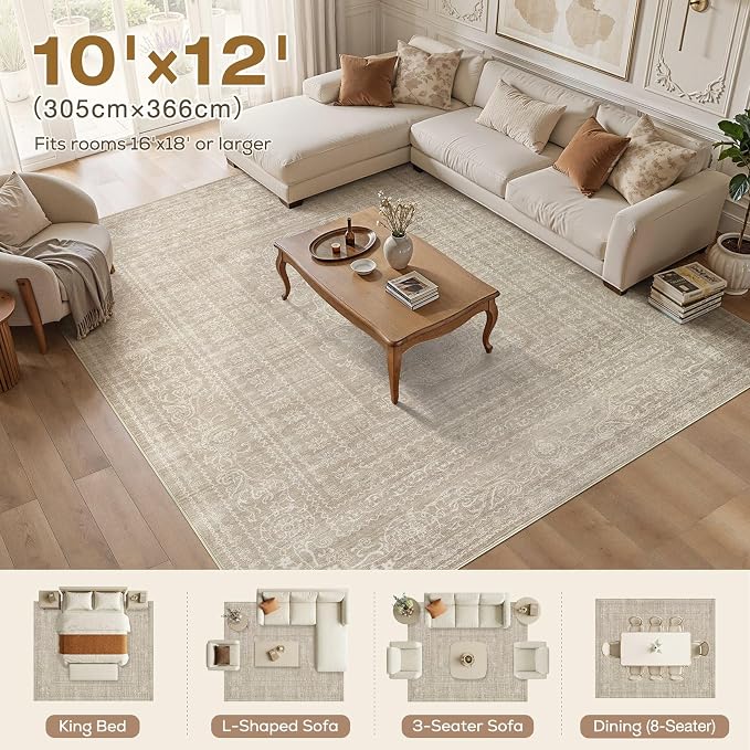 Nakagishi 10x12 Area Rugs Living Room: Washable Large Vintage Rug Neutral Non-Slip Soft Stain Resistant Indoor Carpet for Bedroom Nursery Dining Room Office Playroom - Brown