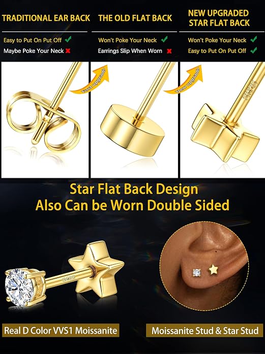 Moissanite Earrings Studs - 925 Sterling Silver Earrings for Women Men 14K Gold Plated Double Sided Star Flat Back Stud Earring Hypoallergenic Small Cartilage Helix Piercing Jewelry D Color VVS1
