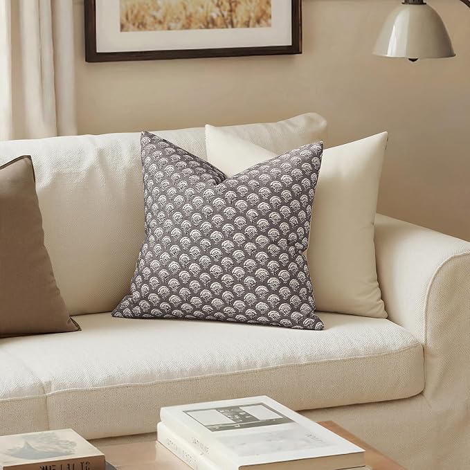 MIULEE Set of 2 Decorative Floral Pillow Covers Neutral Vintage Throw Pillows Block Print Boho Farmhouse Cushion Covers for Modern Home Decor Couch Sofa Bed Living Room, 18x18 Inch, Stone Grey