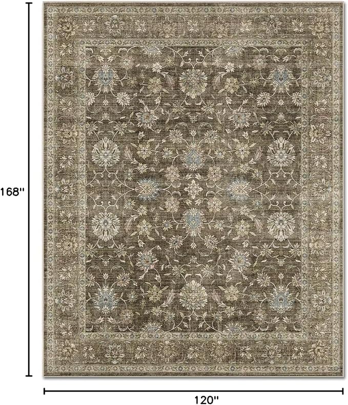 Boho Washable 10x14 Area Rugs for Living Room, Cushioned, Tan/Flaxen | Vintage Non-slip Neutral Oriental Rugs for Bedroom Dining Room Nursery Office High Traffic Area