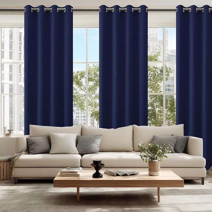 Hiasan Blackout Curtains for Bedroom, 52 x 96 Inches Long - Thermal Insulated & Light Blocking Window Curtains for Living Room, 2 Drape Panels Sewn with Tiebacks, Navy Blue