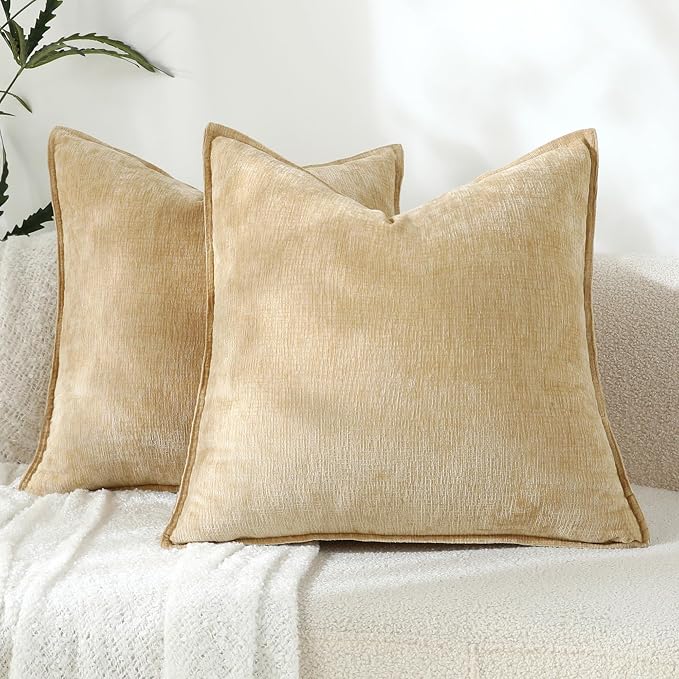 Stellhome Pack of 2 Soft Textured Throw Decorative Pillow Covers Square Accent Solid Chenille Cushion Cover Cozy Farmhouse Pillow Case for Couch Sofa Bedroom Living Room 24x24 Inch, Yellow