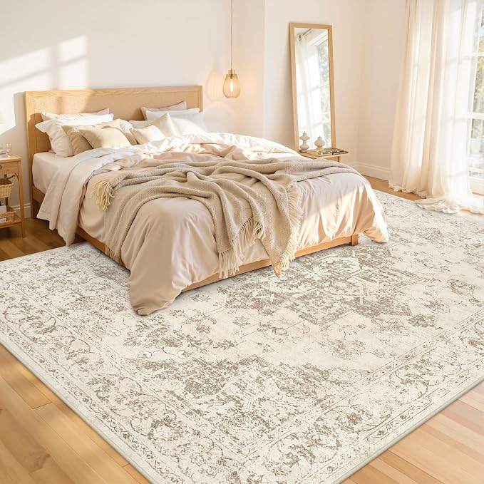 10x12 Area Rug for Living Room: Vintage Boho Neutral Washable Rug Indoor Soft Large Area Rug Carpet for Bedroom Nursery Farmhouse Dining Room Office Floor Non-Slip Low Pile Under Table Rug Beige/Ivory