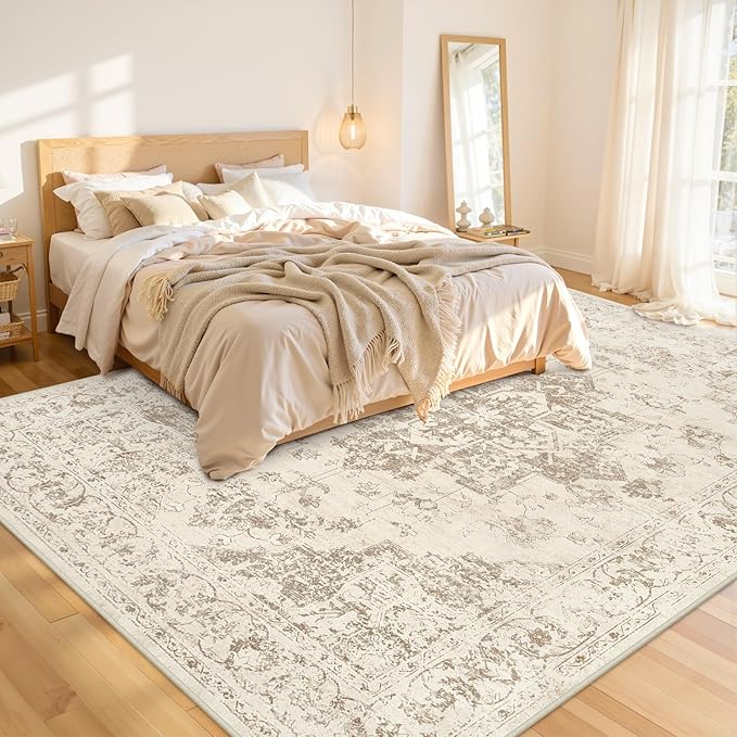 10x14 Area Rug for Living Room: Vintage Boho Neutral Washable Rug Indoor Soft Large Area Rug Carpet for Bedroom Nursery Farmhouse Dining Room Office Floor Non-Slip Low Pile Under Table Rug Beige/Ivory
