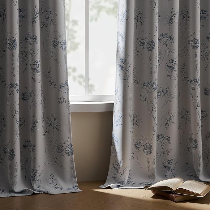FMFUNCTEX 100% Blackout Floral Curtains 84 Inches Long for Bedroom, Blue and White Floral Drapes for Living Room, Farmhouse Rod Pocket Back Tab Room Darkening Thermal Insulated Window Drapes 2 Panels