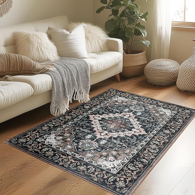 Lessymo 4 x 6 Area Rugs for Living Room- Machine Washable Area Rugs Boho Faux Wool Low Pile Area Rug for Bedroom Floral Medallion Vintage Rugs with Non-Slip Rubber, Black Brown