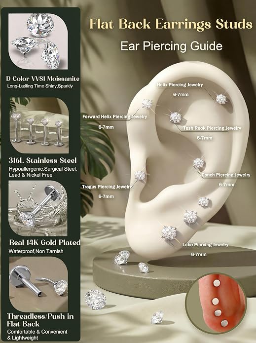 LOLIAS 4 Pairs Moissanite Flat Back Earrings Hypoallergenic-Threadless Push in Nose Rings Studs for Women Men 14K Gold Plated Surgical Steel Cartilage Helix Tragus Labret Piercing Jewelry Kit Taper Ball Grabber Tool 20G 18G 16G