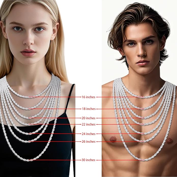 nometo Solid 925 Sterling Silver Box Chain Rope Chain Lobster Clasp Silver Chain for Men Silver Necklace Chain for Women 16/14/20/22/24/26/30 Inches
