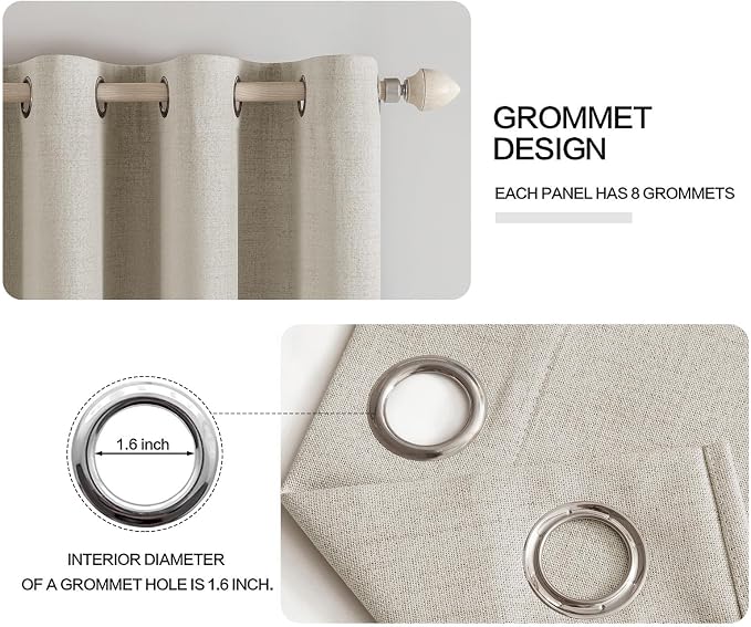 MIULEE Linen Curtains for Bedroom 100% Blackout Thermal Insulated Cobblestone Grommet Room Darkening Curtains & Drapes for Living Room 52 x 63 Inch (2 Panels)