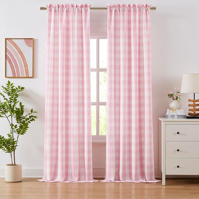 Pink White Buffalo Plaid Semi Sheer Curtains 84 Inches Long | Lovely Girls Room Buffalo Check Drapes,Farmhouse Bedroom Living Room Window Treatment,Rod Pocket,40"Wx84"L,Pack of 2