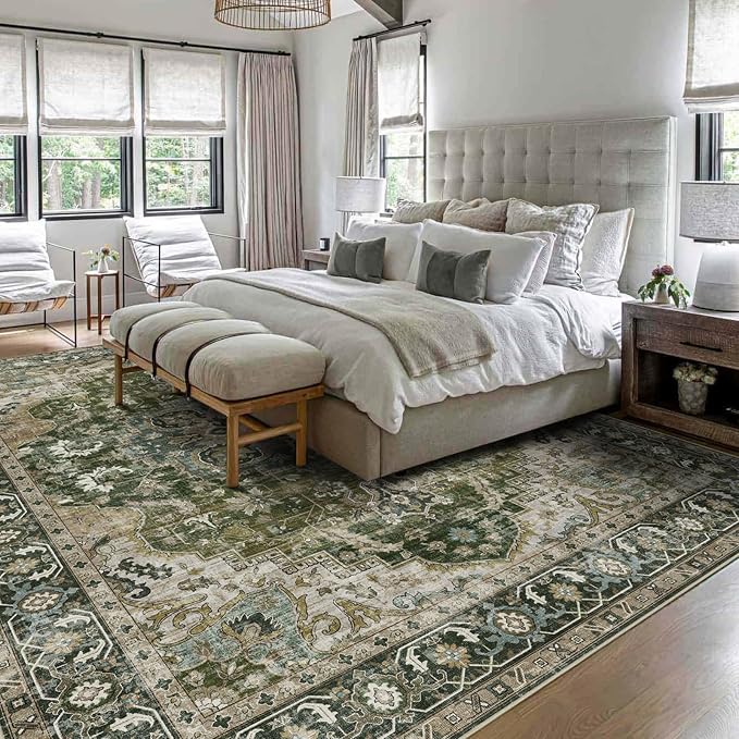 LUXRUG Area Rugs 9x12 Living Room - Large Washable Moss Green Boho Rugs for Bedroom Soft Vintage Rug Ultra-Thin Farmhouse Oriental Carpet Stain Resistant Rug for Dining Room Guest Room Home Decor