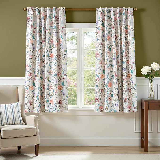jinchan Beige Floral Blackout Curtains 63 Inch Back Tab 2 Panels Set | Room darkening, cream elegant vintage farmhouse drapes, botanical floral print, bedroom, living room, window treatment