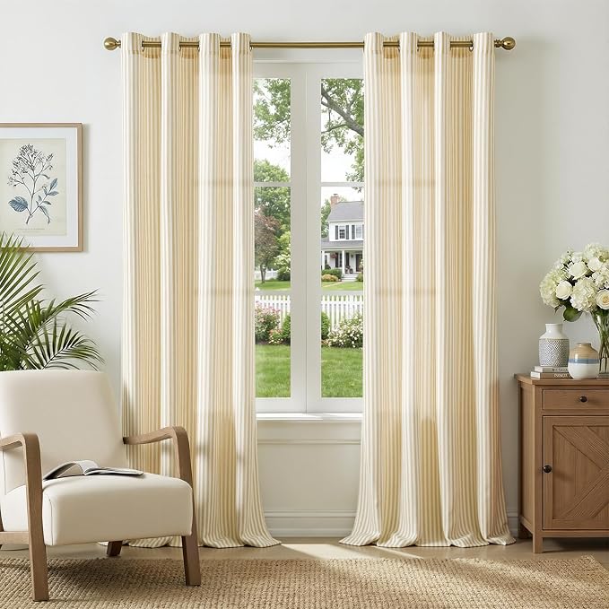 Vangao Linen Striped Curtains for Living Room Bedroom Farmhouse Tickingstripe Light Filtering Window Curtains Printed Drapes Grommet Top 2 Panels Mustard Yellow on Off White W50 x L96 Inch