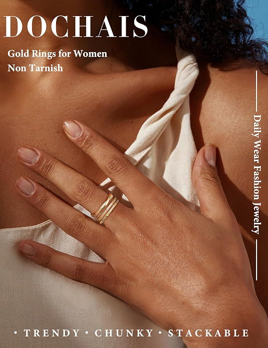 Dochais 5PCS Stackable Gold Silver Rings for Women, Non Tarnish Dainty Cubic Zirconia Rings, 14K Gold Plated Minimalist Wedding Band Rings Set, Trendy Statement Stacking Rings Size 5-10