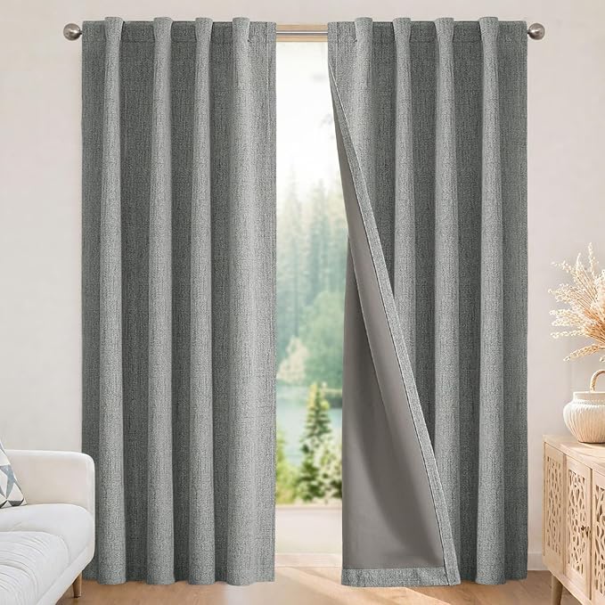 Joydeco Blackout Curtains for Bedroom - 100% Light Blocking 2 Panels Light Grey Drapes 66" W x 90" L, Thermal Insulated Room Darkening Curtains, Linen Textured for Living Room, Rod Pocket & Back Tabs