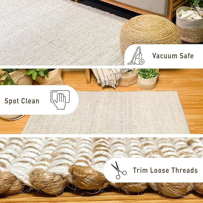 Chardin Home 9x12 Jute Cotton Hand Woven Area Rug, Natural Jute/Cream Braided Boho Farmhouse Rug, Rustic Vintage Reversible Natural Fiber Rug for Living Room, Bedroom, Dining Room, Office, or Entryway