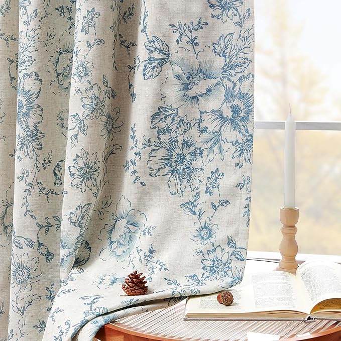 jinchan Blue Floral Linen Blackout Curtains Lined 84 Inch Back Tab 2 Panels | Blackout lining, room darkening drapes, farmhouse, vintage, cottagecore, rustic, bedroom, living room, window treatment