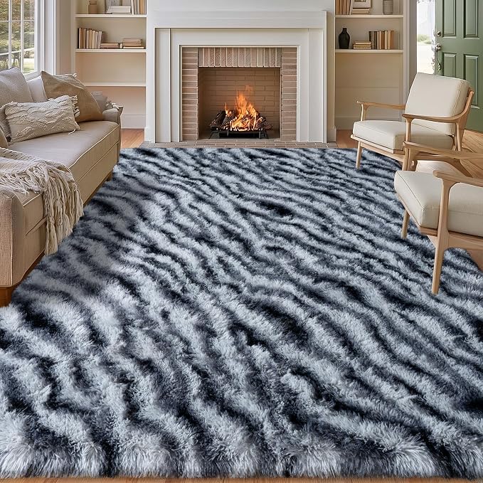 qulint Zebra Rug for Living Room, 5x7 Fluffy Large Carpet for Bedroom | Soft Shaggy Animal Rug for Kids Room, Modern Abstract Carpet for College Dorm Nursery Classroom Kid RoomHome Decor Aesthetic