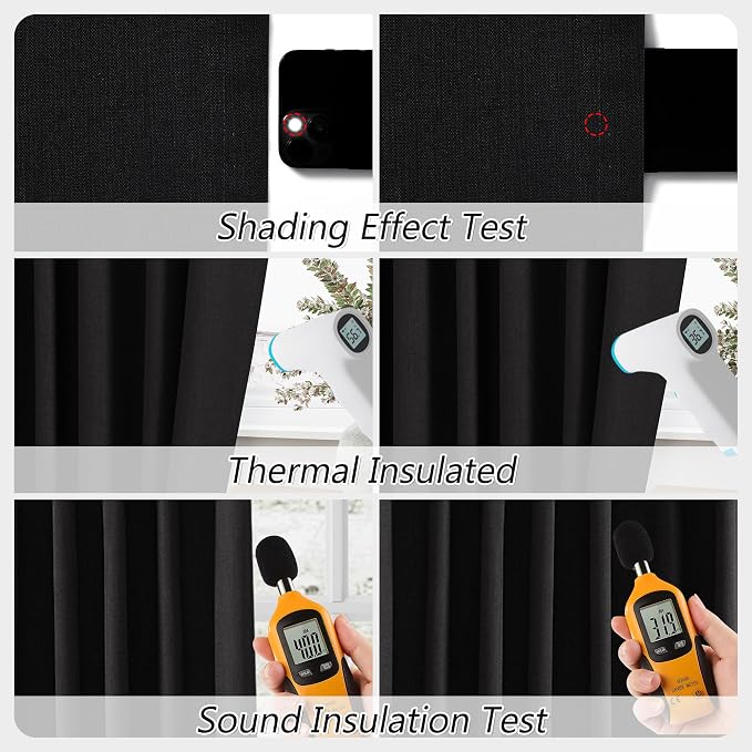 Guken Black 100% Blackout Linen Curtains 102 Inch Length 2 Panels Set for Living Room Bedroom Back Tab Thermal Insulated Black Out Drapes Room Darkening Window Curtains,52x108