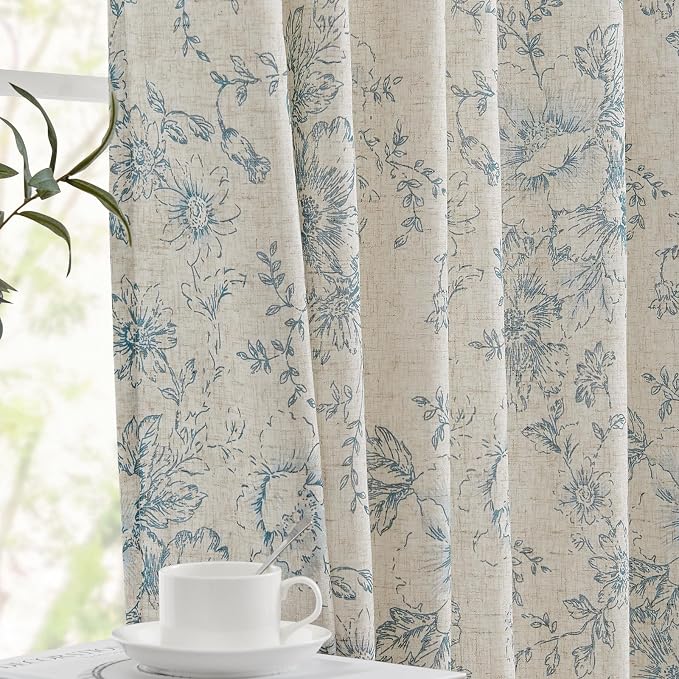 jinchan Blue Floral Linen Curtains Lined 84 Inch Vintage Back Tab 2 Panels | Privacy lining, light filtering drapes, vintage, cottagecore, french country, rustic, bedroom, living room, window treatment