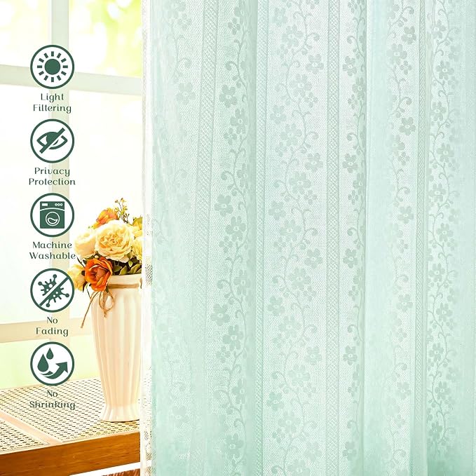 ASPMIZ Linen Curtains for Bedroom Double Layer Curtain 63 Inch Length 2 Panels, Farmhouse Rod Pocket Drapes with Tiebacks, Light Filtering Window Treatment for Living Room, 52 x 63 Inch, Mint Green