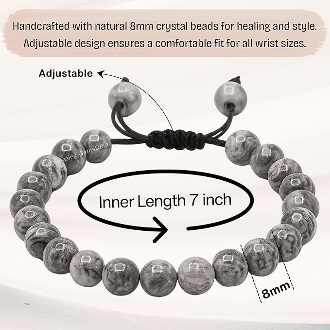 Amazing Gemstone Map Stone Bracelet for Women Men's Gifts - Protection Healing Crystal Bracelet - 8mm Gemstones Beaded Adjustable Bracelet Pulseras para Hombres Mujer Stocking Stuffers