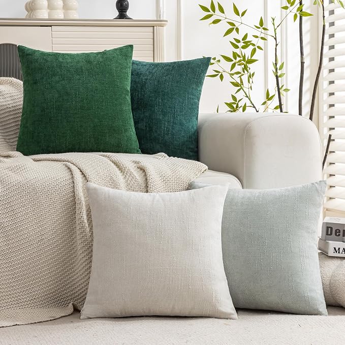 Set of 4 Soft Textured Decorative Throw Pillow Covers 18x18 Inch Cozy Farmhouse Cushion Cover Square Accent Pillow Cases for Bed Couch Sofa Living Room, White Aqua Green