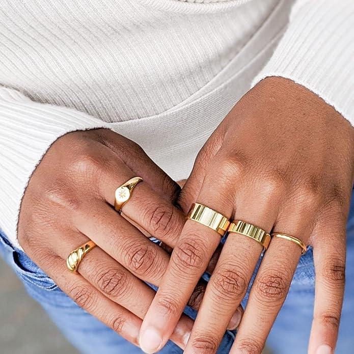18K Gold Plated Women's Starburst Signet Ring - Minimalist Mother of Pearl Statement Piece
