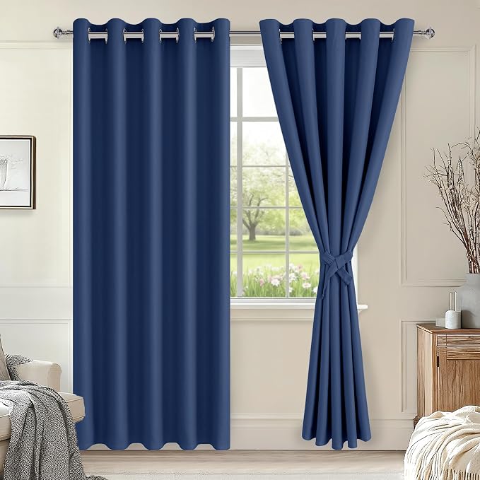 Hiasan Blackout Curtains for Bedroom, 60 x 84 Inches Long - Thermal Insulated & Energy Saving Window Curtains for Living Room, 2 Drape Panels Sewn with Tiebacks, Navy