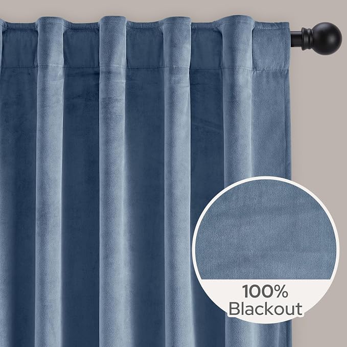 HOMEIDEAS 100% Blackout Blue Velvet Curtains, Thermal Noise Reduction Soft Luxury Vintage Christmas Velvet Curtains for Bedroom Decor, Living Room, Home, 52 X 96 Inch, 2 Panels