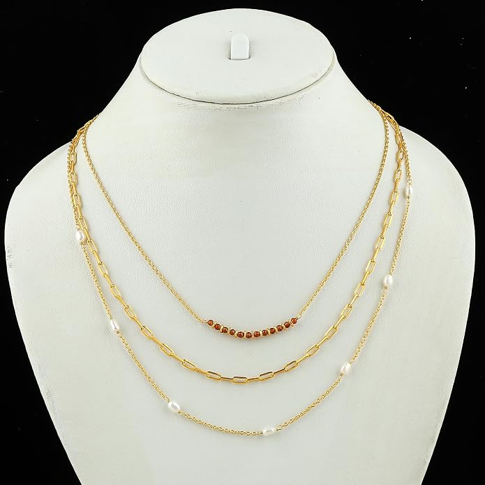 Beads With Pearl 3 Layered Necklaces for Women 14k Gold Plated Dainty Stackable Choker Necklaces for Women Trendy Layering, Cuban Link, Paperclip Chain, For Women Gifts