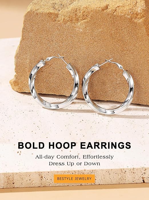 Bestyle 5mm Thick Gold Hoop Earrings Hypoallergenic Hoops for Sensitive Ears Trendy Lightweight Chunky Earrings for Women 30/40/60/80mm