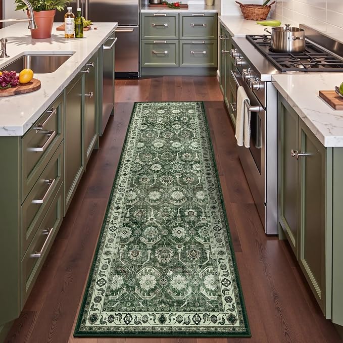 Runner Rug 2x10, Washable Non Slip Low Pile Kitchen Runner, Soft Boho Modern Rug for Hallways, Bedroom, Sage Green