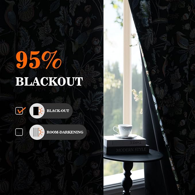 MYSKY HOME Green Boho Floral Blackout Living Room Curtains 84 inch Long Thermal Insulated Room Darkening Noise Reduce Cottage Curtains with Flower Bird Patterned Grommet Drapes, 2 Pcs, 52" Wide,