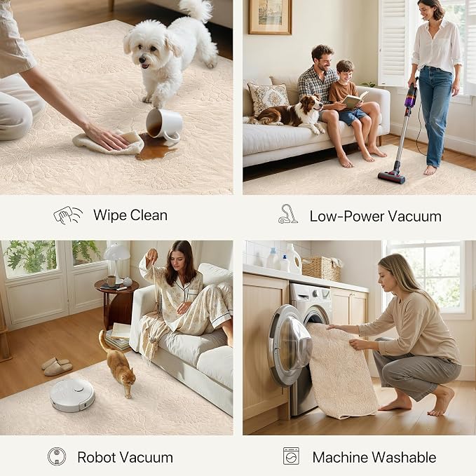 GENIMO Soft Washable Area Rugs 8x10, 3D Modern Floral Rugs for Living Room, High-Low Pile Textured Non Slip Fuzzy Carpet, Non-Shedding Stain Resistant Thin Beige Rugs for Bedroom, Dining Room