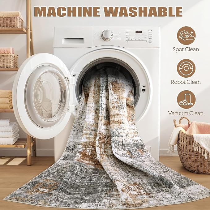 DMOYEST 8ft Round Area Rug Living Room Rugs - 8x8 Washable Large Soft Indoor Neutral Modern Abstract Low Pile Rug Carpet for Bedroom Dining Room Farmhouse Home Office - Grey Brown