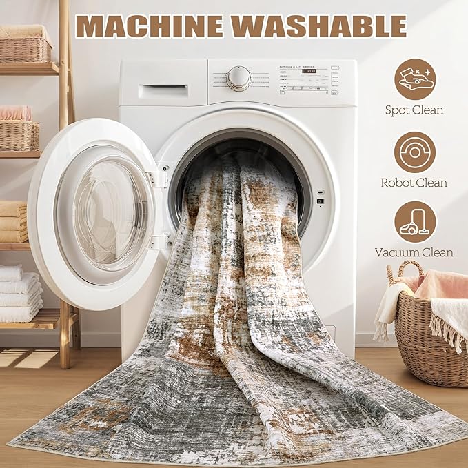 DMOYEST Washable Runner Rug for Hallway: 2.6x12 Neutral Modern Abstract Low Pile Area Rug with Non-Slip Backing - Carpet for Bedroom Kitchen Laundry Entryway Bathroom Indoor - Grey Brown