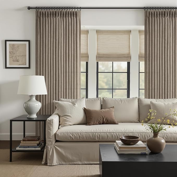 Extra Long 108 Inch Natural Linen Living Room Curtains 2 Panel Sets, Dark Flax Memory Trained Pleated Light Filtering Semi Sheer Rustic Curtain for Bedroom Privacy Tall Drapes Back Tab Windows Burg