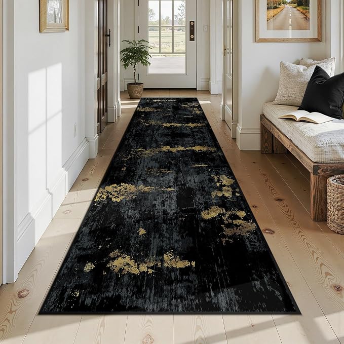 RELEANY Washable Area Rugs 3x12 Non-Slip Modern Abstract Soft for Living Room Entryway Bedroom Kitchen, Print Pattern, Dark Black Gold