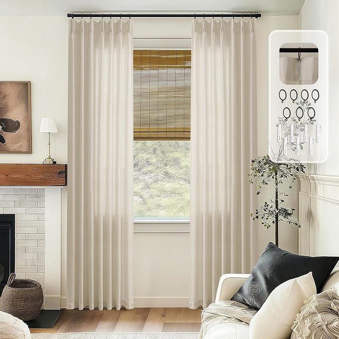 Greige Linen Curtains 96 Inches Long Memory Trained Pinch Pleated | Greyish Beige Curtain, for Living Room Bedroom, Boho, Pinch Pleat Drapes, 96 Inch Length, with Hooks Rings, Back Tab, 1 Panel