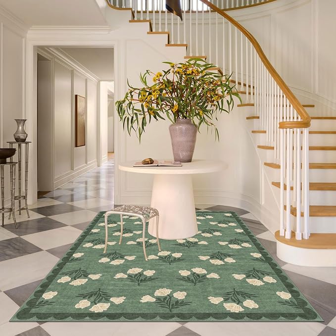 Green 5x8 Living Room Area Rug - Washable Boho Floral Scalloped Bedroom Rug Stain Resistant Dining Room Rugs for Under Table Non Slip Vintage Modern Farmhouse Rugs for Bedroom Nursery Decor