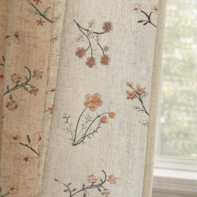 Floral Embroidered Linen Blend Curtains for Bedroom, 96 Inch Light Filtering Spring Farmhouse Vintage Drapes Beige Flower Window Treatments for Living Room Rod Pocket, Set of 2 Panels