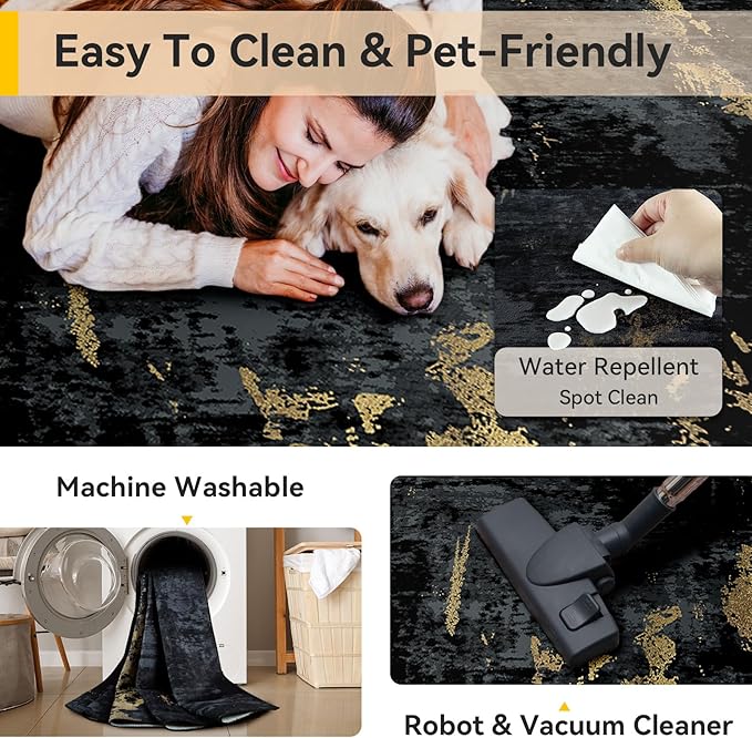 RELEANY Washable Area Rugs 6ft Non-Slip Modern Abstract Soft for Living Room Entryway Bedroom Kitchen, Print Pattern, Dark Black Gold