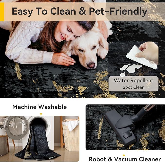 RELEANY Washable Area Rugs 4'x6' Non-Slip Modern Abstract Soft for Living Room Entryway Bedroom Kitchen, Print Pattern, Dark Black Gold