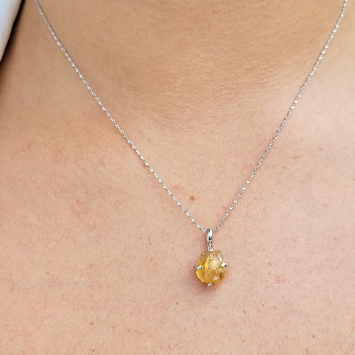 Natural raw gemstone pendant chain necklace with white gold over 925 solid sterling silver, birthstone dainty solitaire gift for her, uniquelan jewelry