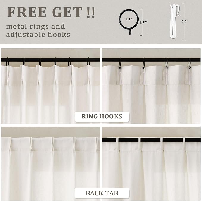 Cream Patio Sliding Door Curtains 100 Width 102 Inches Long Linen | Pinch Pleated Curtain with Hooks Rings Light Filtering Semi Sheer Extra Wide 100x102 Drapes for Living Dining Room Ivory
