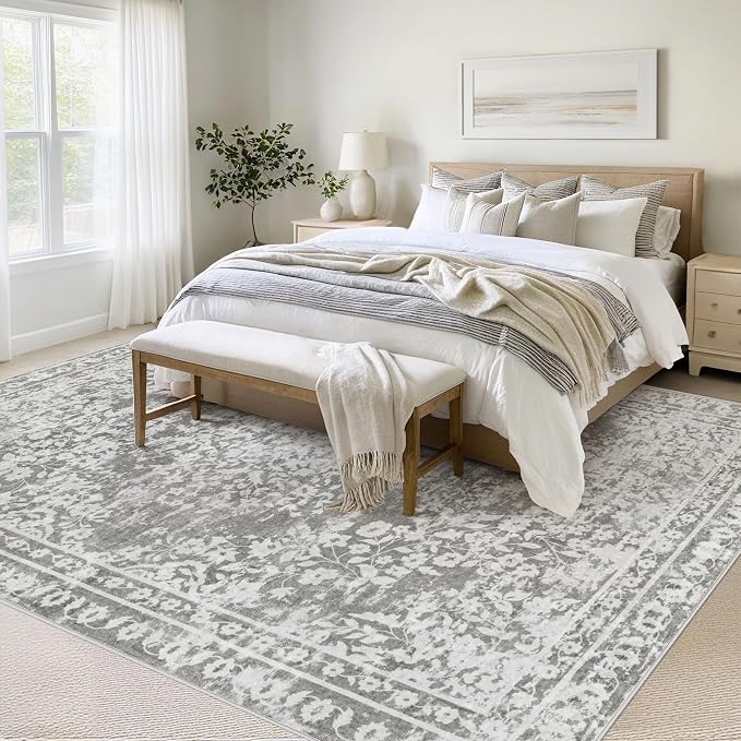 Vintage Living Room Area Rug - 9x12 Large Machine Washable Boho Area Rug Distressed Floral Rugs for Bedroom, Soft Non-Slip Indoor Floor Accent Rugs for Office Dining Room (Floral Grey, 9'x12')