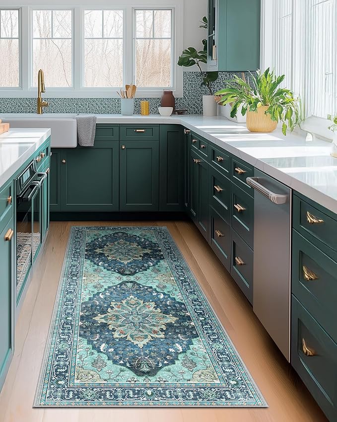 RELEANY Area Rugs Runner 2'x6' Washable Non-Slip, Floral Vintage Distress Medallion Carpet for Kitchen Hallway Bedroom Beside Laundry Room Bathroom, Teal Green Lake Blue Turquoise