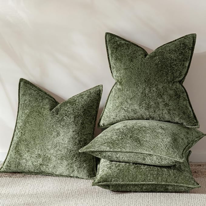 a moment Throw Pillow Covers 26X26 Inch 4 Packs,Soft Velvet Decorative Pillow Cases with 3D Ice Flower,Texture Modern Accent Cushion Covers for Sofa Couch Home Decor Moss Green
