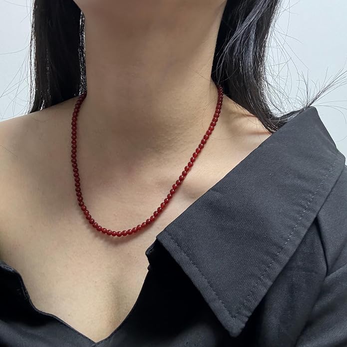 Kakikaki Natural Agate Choker Necklace Sterling Silver Round Beads Strand Necklace for Women